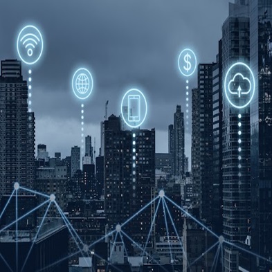 Image of a futuristic cityscape with smart infrastructure and connected devices