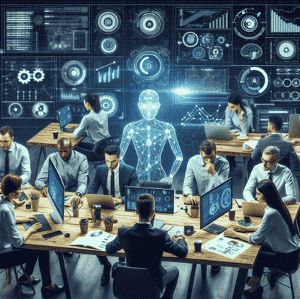 Img of a company employees working in AI and futuristic enviorment
